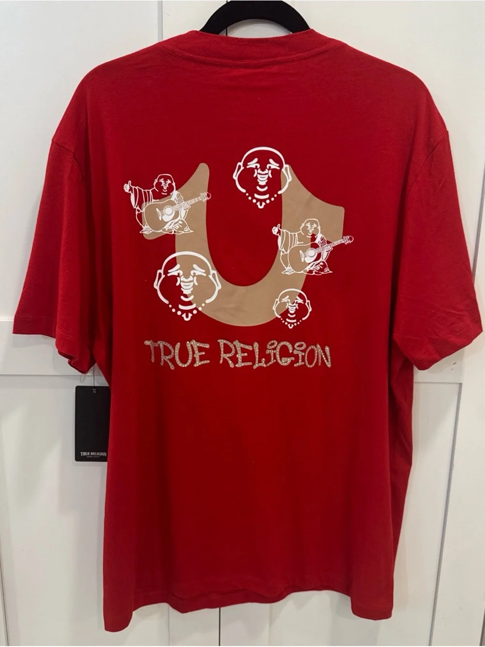 NWT True Religion Red floating Buddha Tee Horseshoe Graphic rhinestone Men’s L